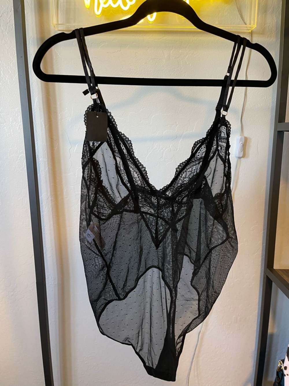 Sheer Lace Plunge Teddy Bodysuit - Black